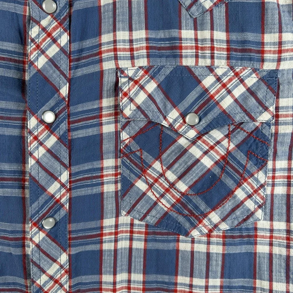 True Religion Shirt Mens 2XL Blue Plaid Short Sleeve Western Snap Casual